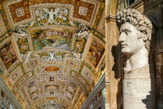 caesar augustus head statue near paintings on walls and ceiling in gallery of maps at vatican museum