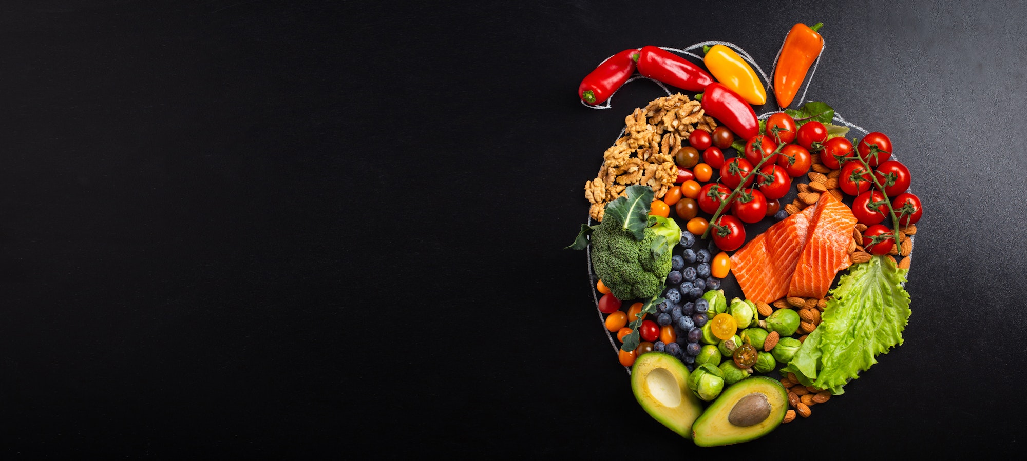 Healthy food arrangement in realistic heart shape, diet for heart and cardiovascular system