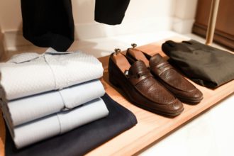 Stylish men's clothing and shoes in a clothing store